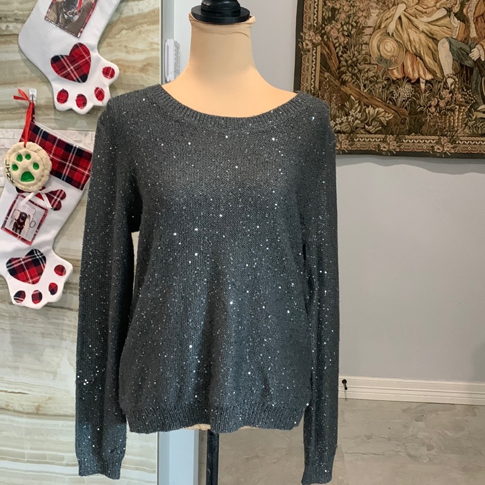 Ana Charcoal Gray Shimmer Ribbon Back Tie Sweater. Size M